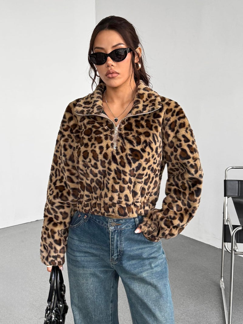 ZAFUL Women's Fashion Long Sleeve Lapel Half Zip Plain Faux Fur Sweatshirt Solid Color Crop Pullover Tops (2-Leopard,L) - Image 4